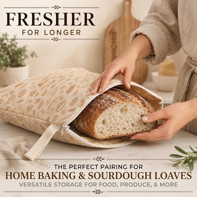 2 Pack XL Beeswax Bread Bags, Wide Zipper Reusable Sourdough Loaf Storage | Natural beeswax & cotton-flax blend. Zipper-seal keeps artisan bakes & produce fresher for longer. Fridge & freezer ready