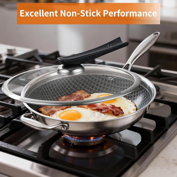 DELARLO 12-Inch Tri-Ply Stainless Steel Nonstick Wok with Lid, Induction | Tri-ply wok heats evenly, works with induction, and is dishwasher and oven safe up to 650°F for versatile cooking.