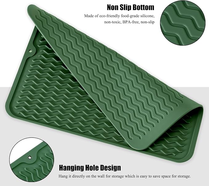 Silicone Dish Drying Mat, Non-Slip Easy Clean Sink Mat, Dark Green, 12"x12" | Quick-Dry Ridges, Large Heat-resistant Dish Drainer Mat for Kitchen Counter, Hangable & Roll-Up for Storage, Dishwasher Safe