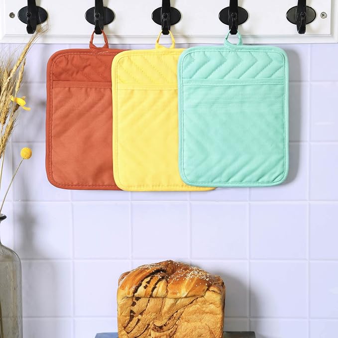 Anyi Pot Holders and Oven Mitts 7" X 9" Heat Resistant Cotton Pocket Pot Holder Set Feature of Non Slip Kitchen Hot Pad Oven Mitts, 3-Pack (Aqua Sky)