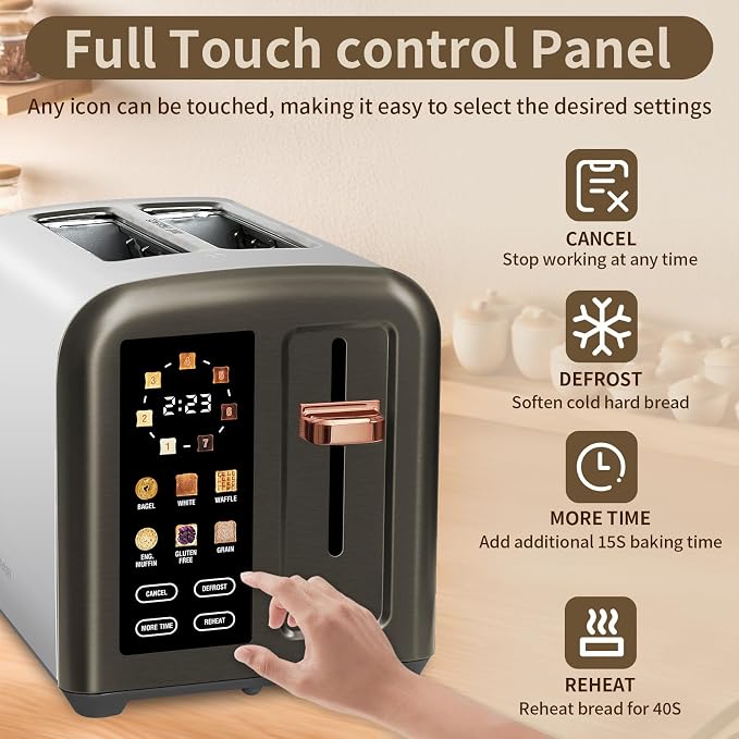 SEEDEEM 2 Slice Stainless Steel Toaster, Touch LCD, 7 Shade, 1350W | 6 Bread Type, 7 Shade Setting, 1.5''Wide Slots, Removable Crumb Tray