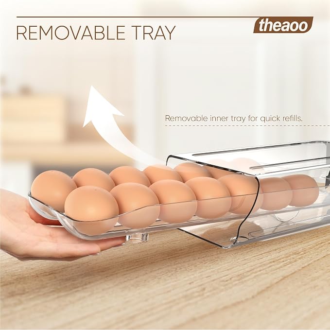 theaoo Egg Holder for Fridge, Automatic Rolling Egg Container, Clear, 2Pack | Quick Removable Inner Tray For Easy Egg Loading. Stackable Egg Dispenser For Refrigerator Storage and Organization