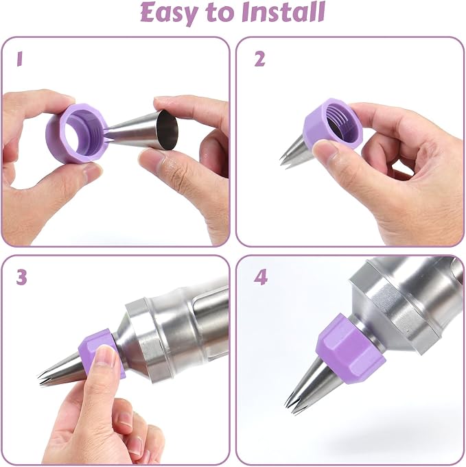 Dessert Decorating Syringe Set, Stainless Steel Frosting & Icing Piping Kit with 6 Tips and 9 Silicone Cupcakes,3 Cream Scraper for Cake Decorating Tools Cupcake Decorating Kit (Purple)
