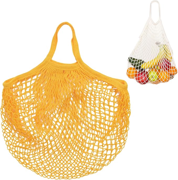 M METERXITY 1-Pack Cotton Mesh Bag, Reusable Washable Mesh Net String Grocery Bags, Reusable Produce Bags with Handle, Net Tote Bag for Fruits/Vegetables Shopping [Yellow, Short Handle]
