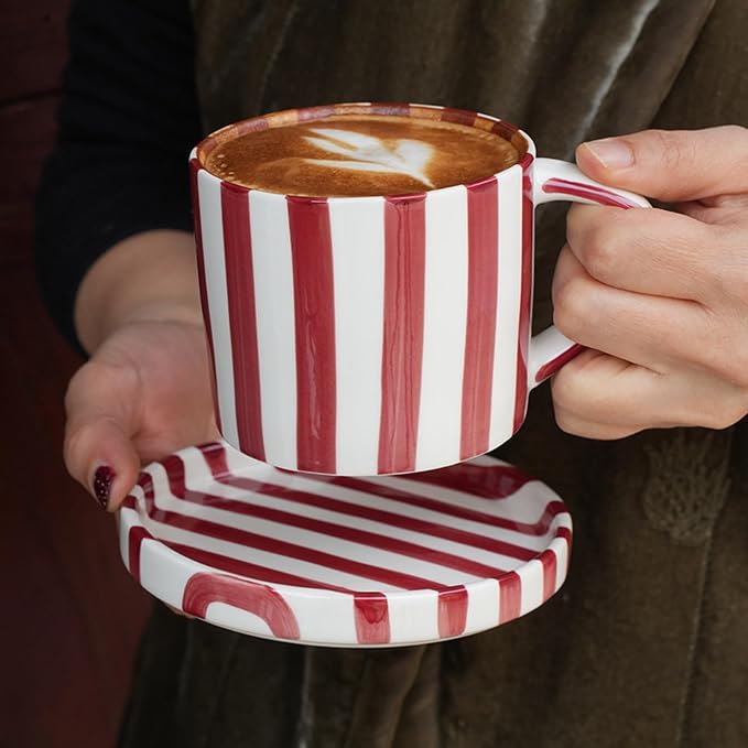 8 Oz Ceramic Coffee Mug Espresso Cups with Saucer Mug And Saucer Set Cup And Saucer Coffee Cups with Saucers Coffee Cups And Saucers,Red