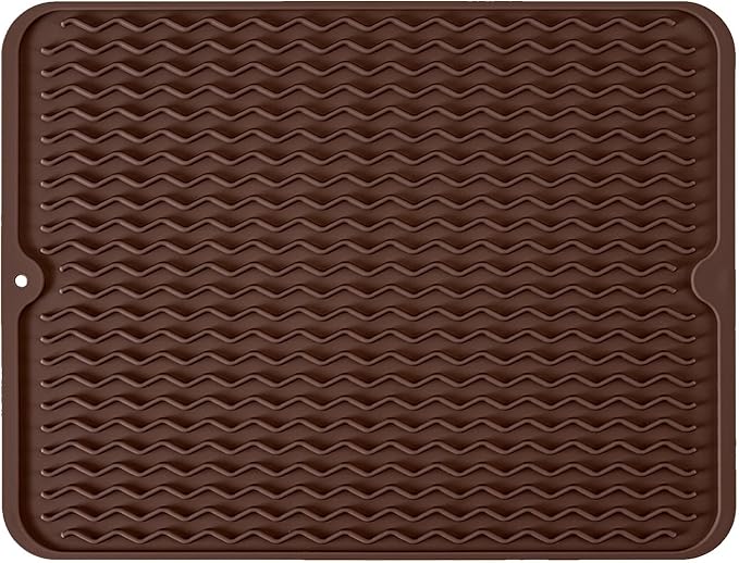 Silicone Dish Drying Mat, Non-Slip Easy Clean Sink Mat, Coffee, 24" x 18" | Quick-Dry Ridges, Large Heat-resistant Dish Drainer Mat for Kitchen Counter, Hangable & Roll-Up for Storage, Dishwasher Safe