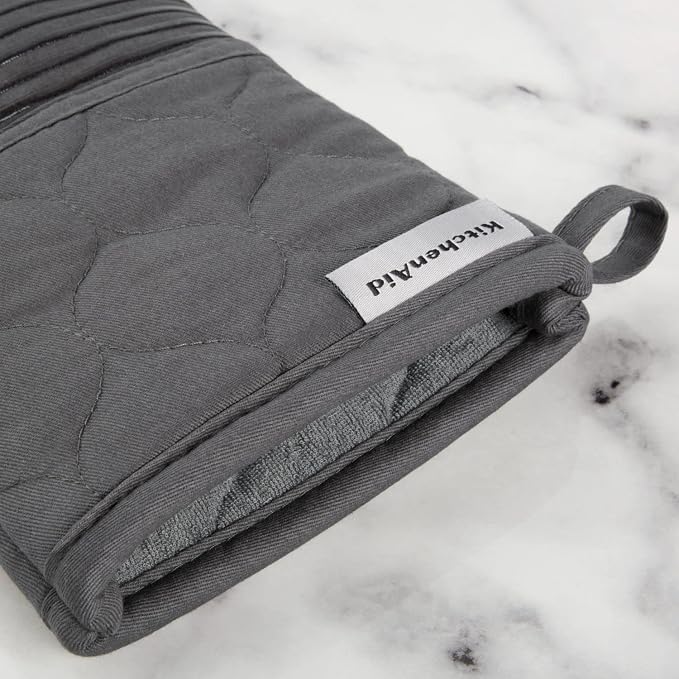 KitchenAid Quilted Cotton Terry Cloth Oven Mitt, Pot Holder, Kitchen Towel 4-Pack Set, Heat Resistant, Silicone Grip, Gift Set, Charcoal Grey, 16"x26", 7"x13" & 7"x10"