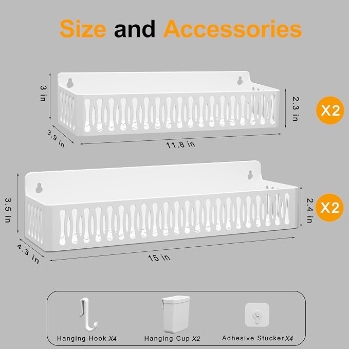 4-Pack Magnetic Spice Rack for Refrigerator with Hooks, White | Strong multipurpose magnetic shelf for kitchen & bathroom organization. Includes 4 removable hooks for hanging items.