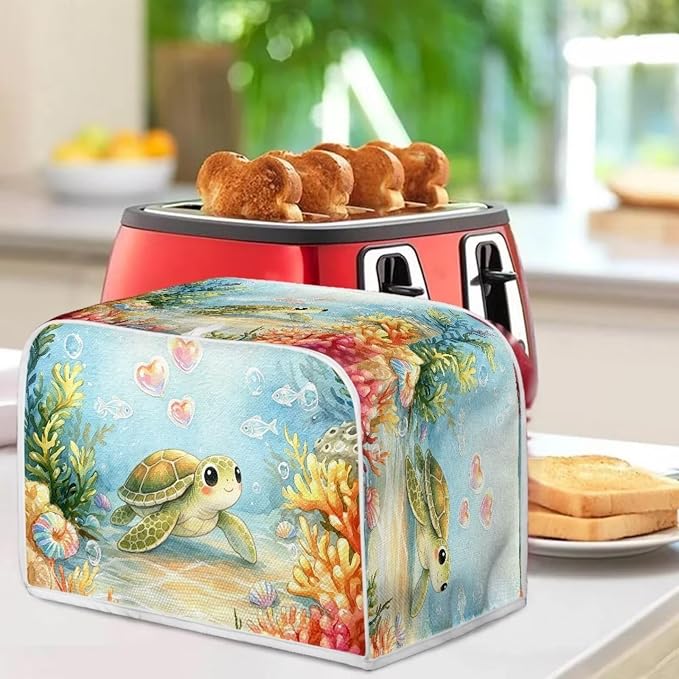 Sea Turtle Print Bread Machine Cover Coral Print Toaster Cover 4 Slice Wide Slot Small Kitchen Appliance Covers for Home