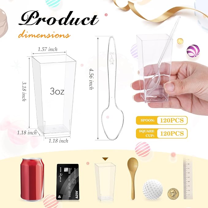 mwellewm 240 Pcs Dessert Cups with Spoons 120 Pcs 3 OZ Mini Clear Plastic Desert Parfait Cup 120 Pc Spoons for Party Small Square Serving Wine Shot Disposable Fruit Ice Cream Mousse Appetizer Bowl