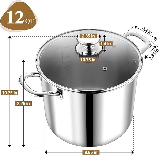 P&P CHEF 12 Quart Tri-Ply Stainless Steel Stock Pot, Cooking Pot with Lid | 12 Qt Stockpot for Soup Pasta Vegetable, Induction Cookware for All Stoves, Sturdy & Double Handle, Oven & Dishwasher Safe