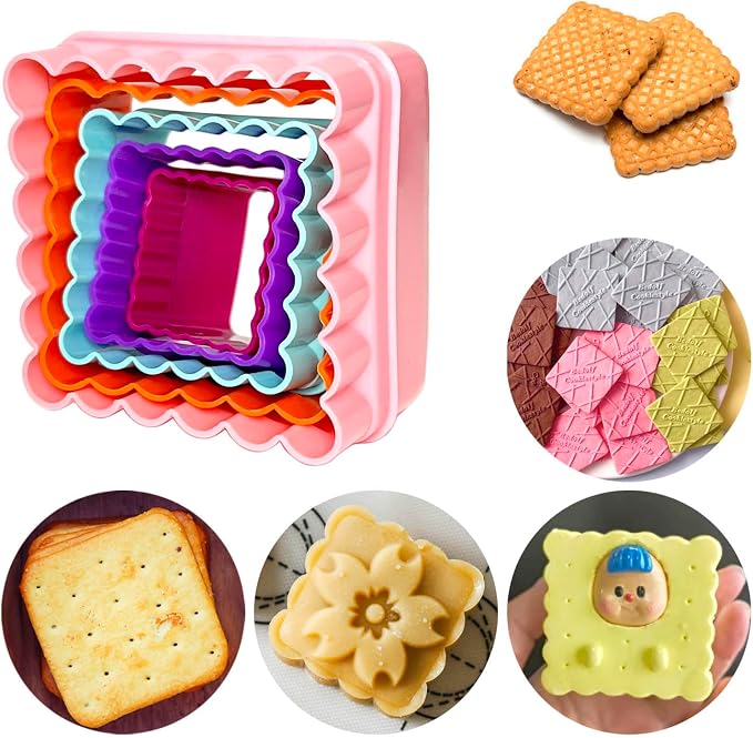 Cookie Biscuit Cutter Set, Two Side Cookie Cutters Plastic Set Multi-size Cake Fruit Vegetable Shapes Cutter Random color (Square Shaped, 5 Pack)