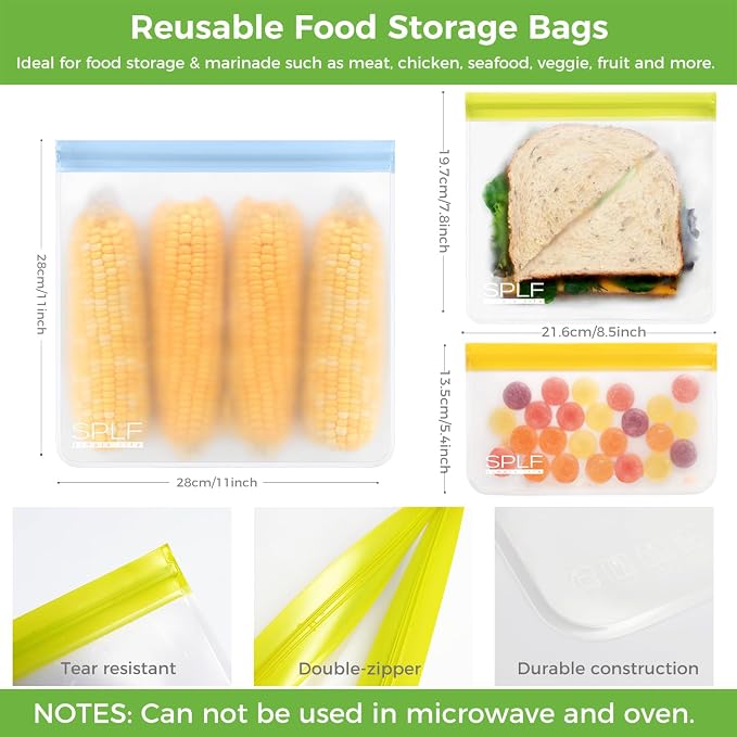 SPLF 9 Pack Reusable Gallon Freezer Bags Dishwasher Safe, Multicolor | BPA Free 1 gallon Leakproof Silicone and Plastic Free Food Storage Bags for Meal Prep, Fruits, Sandwich, Snack, Travel Items