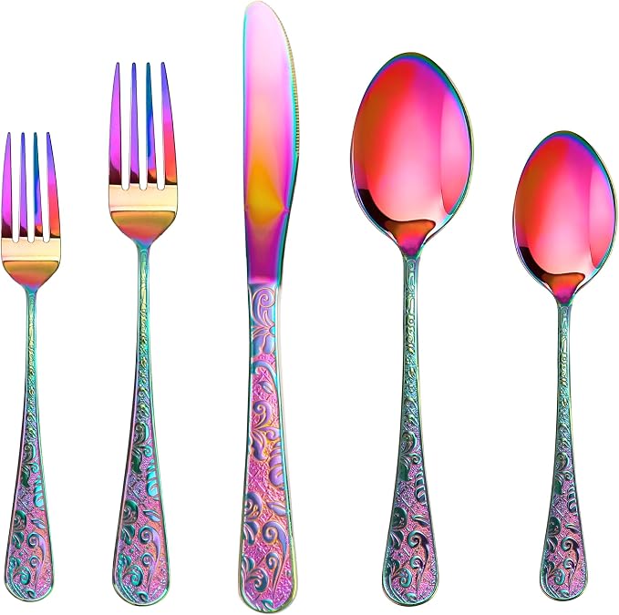 Runfly Vintage Carved Rainbow Stainless Steel 20-Piece Flatware Set | Silverware Set, Modern Embossed Cutlery Set Utensils Kitchen Including Fork Spoon and Knife