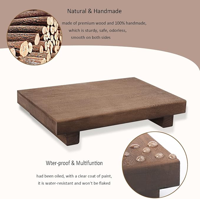 Wood Bathroom Tray Farmhouse Decor Kitchen Soap Holder, 9"x6" Walnut | Waterproof, Lightweight, Easy Clean, Small Wooden Riser Pedestal Stand Accessories for Office Desk, Vanity, Counter, Sink