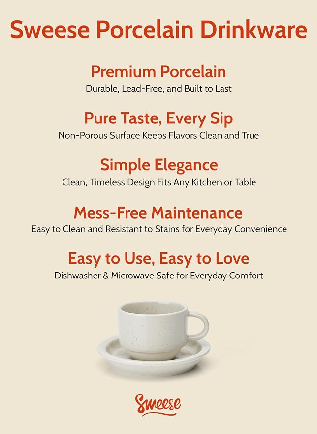 Sweese Porcelain Espresso Cups Set, 2.5 oz, with Saucers, Metal Stand, Stackable - Dove Grey, 4 Pack