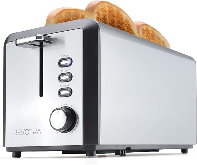 4 Slice Long Slot Stainless Steel Toaster with Extra Wide 1.5” Slots | 6 Shade Browning Settings, Defrost Reheat Cancel Functions, Even Toasting for Artisan & Sourdough Bread, Removable Crumb Tray