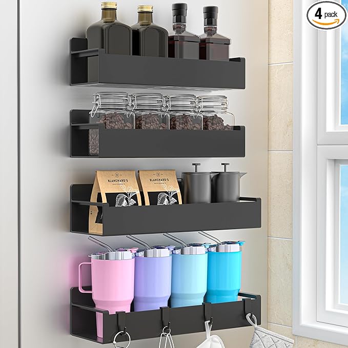 4 Pack Magnetic Spice Rack Organizer for Refrigerator and Oven, Black Fridge Organizers and Storage for Kitchen | Kitchen Magnetic Shelf for Fridge, Spice Organizer and Storage, Baby Bottle Holder for Fridge, Magnetic Tea Bag Organizer