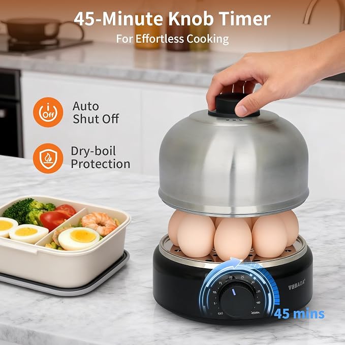 VOBAGA Rapid Egg Cooker, Electric Egg Boiler and Steamer Machine, 9 Egg Capacity, Stainless Steel, Auto Shutoff with Silent Timer, 400W (Black)