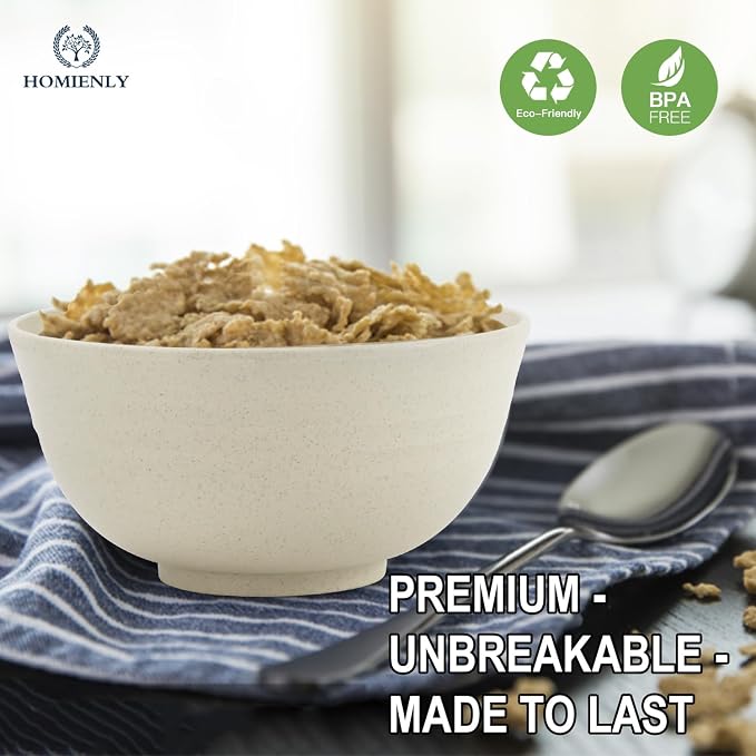 Unbreakable Cereal Bowls, Unbreakable Plastic Bowls Alternatives Set of 8, Wheat Straw Bowl for Kitchen,Camping, RV, Party, Microwave Safe Bowl Set for Cereal, Soup, Salad (Beige, 26 OZ)