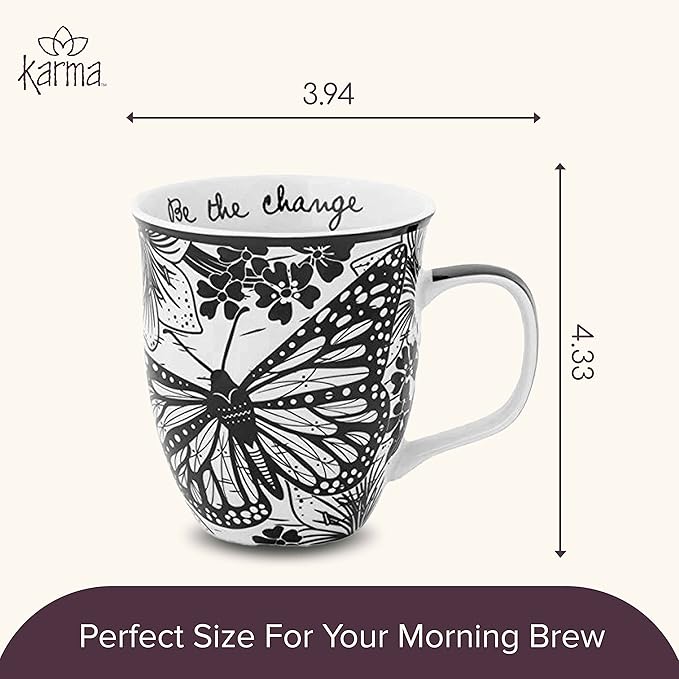 Karma Gifts 14 oz Black and White Boho Mug Butterfly - Cute Coffee and Tea Mug - Ceramic Coffee Mugs for Women and Men