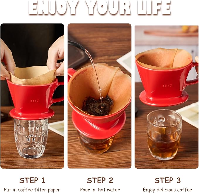 Pour Over Coffee Dripper, Ceramic Pour Over Coffee Maker, Red | 3 Holes Flat Bottom, Easy Manual Brew Maker, Porcelain Slow Filter Cone for Travel, Camping, Office, Home