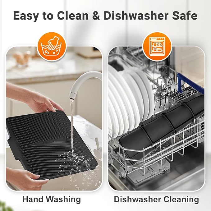 Silicone Dish Drying Mat for Kitchen counter | 15.8"x13" Dish Drainer Mat,Heat-Resistant Kitchen Counter Mat & Over-Sink Drying Tray,Can Be Hung,Black