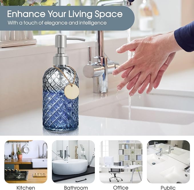 Gem-Patterned Glass Soap Dispenser with Rust Proof Stainless Steel Pump-13 oz Liquid Hand Soap Dispenser for Kitchen & Bathroom,Great for Lotions, Essential Oil, Liquid Soaps-Gray