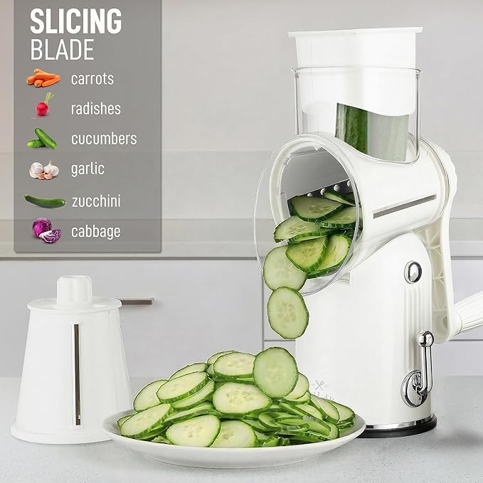 Zulay Kitchen Rotary Cheese Grater 5 Blade Cheese Shredder - Manual Hand Crank Cheese Grater With Reinforced Suction & 5 Interchangeable Drums - Easy to Use, Vegetable Chopper Round Mandoline Slicer