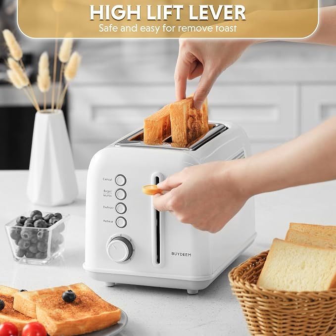 BUYDEEM DT620 2-Slice Toaster, 7 Shade Settings, Extra Wide 1.5'' Slots for Bagel & English Muffin, 6 Toasting Functions, Retro Stainless Steel Toaster with High Lift Lever, Arctic White