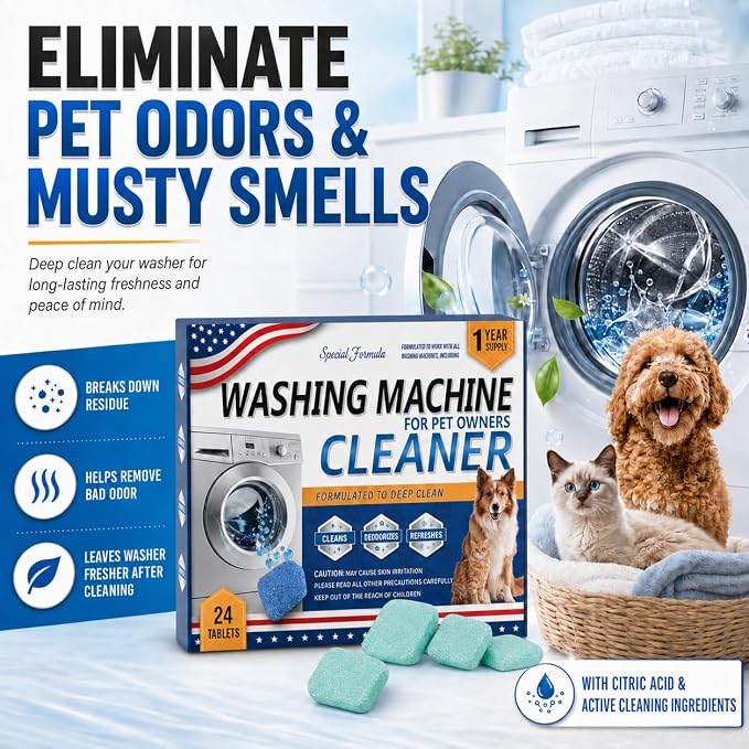 24 Pack Washing Machine Cleaner Tablets – Special Formula for Pet Owners, Remove Cat & Dog Hair, Dissolve Stubborn Dirt, Eliminate Pet Odor, Compatible with Top & Front Load, HE Washers, 1 Year Supply