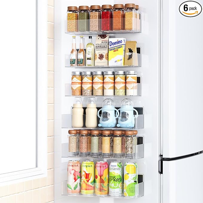 Mystozer Magnetic Spice Rack for Refrigerator, Kitchen Organizer and Storage Shelf, Clear (6 Pack)…