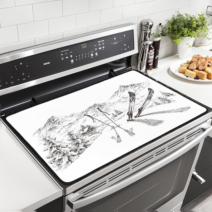 Winter Mountains Panorama Stove Top Covers for Electric Stove, White Sketch Glass Stovetop Cover with Lanyard Snowy Cottage Ski Pattern Countertop Protector Mat for Kitchen 28 x 20 Inch