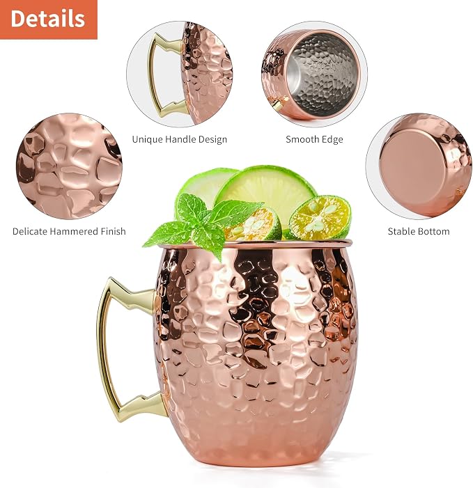 Amrules 4 Pcs 16oz Moscow Mule Mugs Hammered with Angled Handle, Copper | 304 Stainless Steel Lining, Delicate Hammered Finish, Firm Handle, for Cold Drinks, Cocktails, Wine, Beer, Bars & Parties