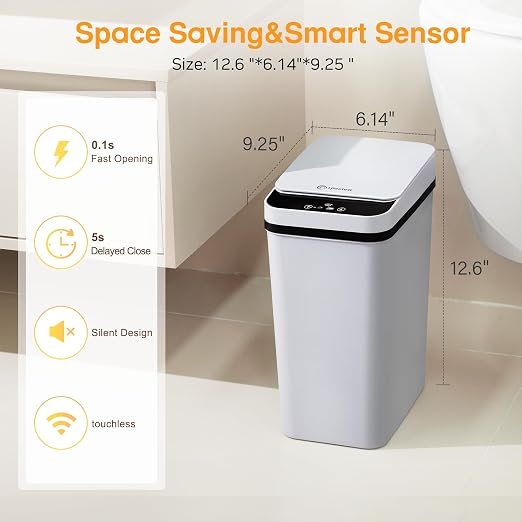 Automatic Bathroom Trash Can Touchless 2.6 Gallon Small Trash Cans with Lid Narrow Garbage Can for Kitchen, Toilet, Bedroom, RV, Living Room
