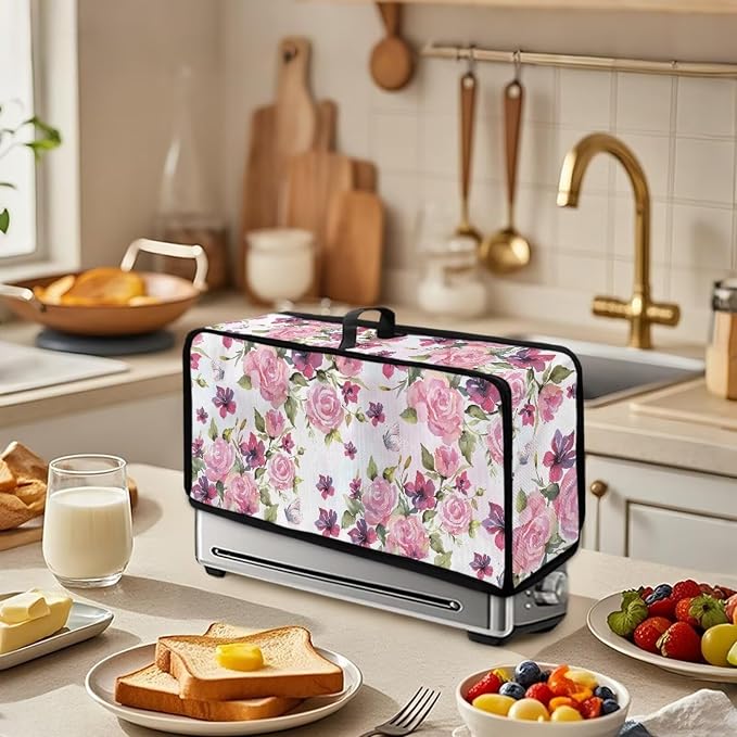 ZDCUSTOM Pink Rose Flower Long Slot Toaster Cover Fits for Most Standard 2 Slice Slim Toasters, Keep Kitchen Small Appliance Clean From Dust and Fingerprint