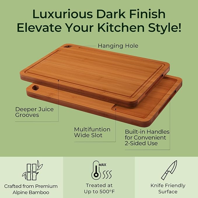 Keechee Bamboo Cutting Board, Wood Chopping & Butcher Block for Kitchen | Non Toxic, Resisted-Cracking&Curling, Deep Juice Groove, Side Handles,Cross-Laminated Structure, Knife-Friendly, Gifts Ready