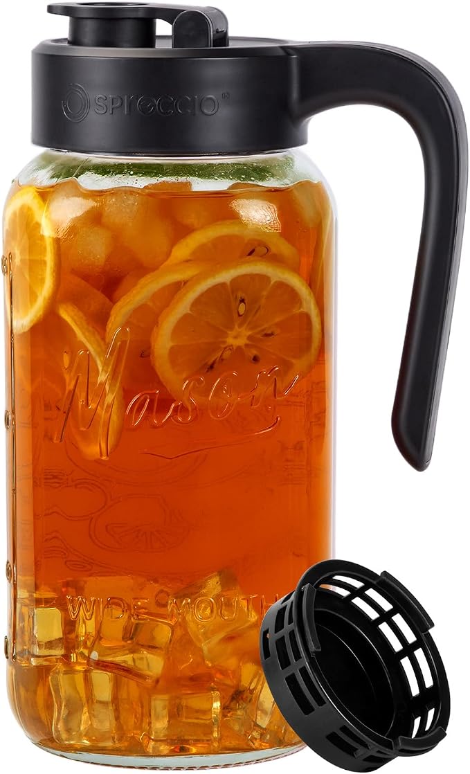 Mason Jar Pitcher with Tea Filter, 64 oz Glass Pitcher with Lid | Airtight, Leakproof, Pour Spout Lid, Ergonomic Handle, Fridge Safe, for Outside, Sun Tea, Lemonade, iced Tea