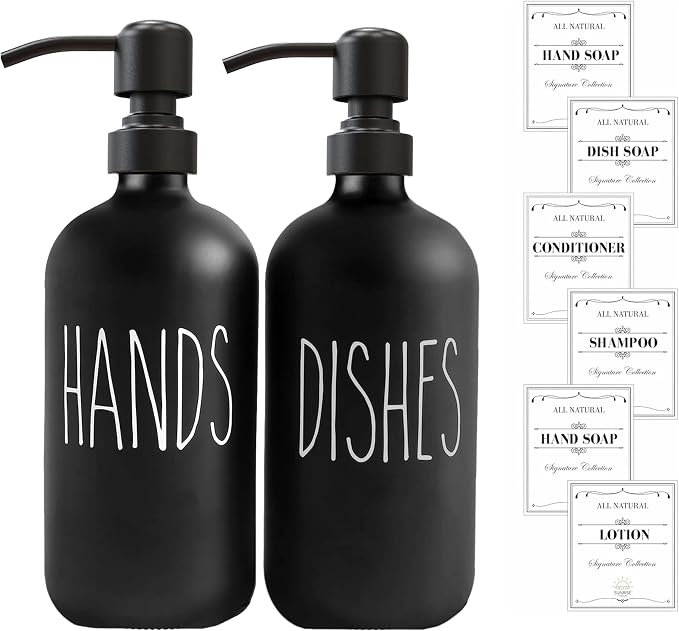Black Glass Soap Dispenser, Matte Black Pump, 16 oz | Black Glass, Matte Black Stainless Steel Pump, Bathroom and Kitchen Sink use, 6 Waterproof Labels (Pack of 2)