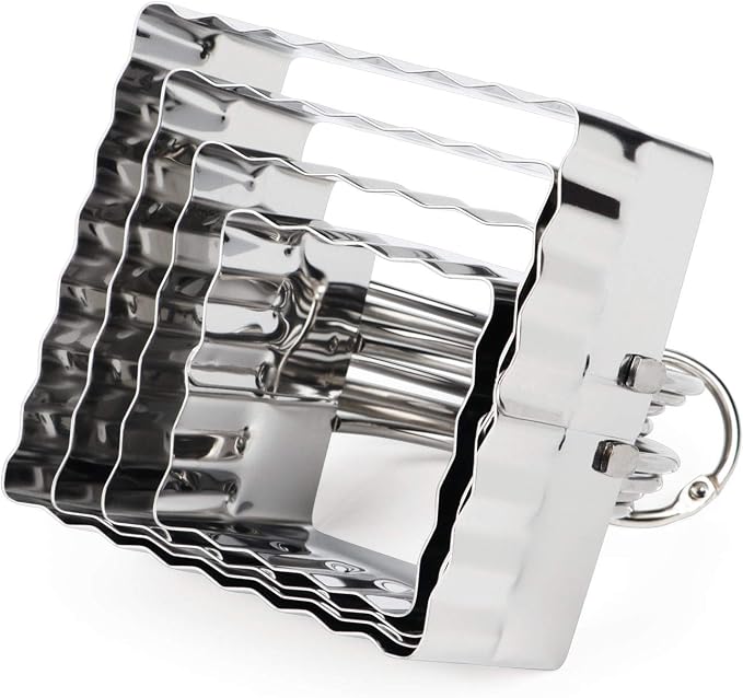 HULISEN Square Biscuit Cutter Set 4-Pc, Cookies Cutters with Handle | Stainless Steel, Dishwasher Safe, Etched inch/cm Markings, Gift-Ready Packaging, Ergonomic Arched Grip, Ripple Square