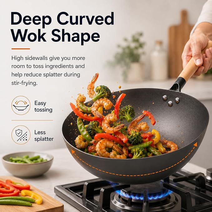 12.6" Carbon Steel Wok Pan, Flat Bottom Stir Fry Wok with Spiral Thread Interior, Coating‑Free Naturally Seasoning Wok, Compatible with Gas, Electric & Induction Cooktops