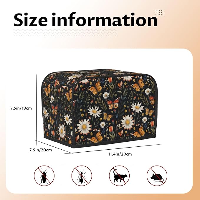 2 Slice Toaster Cover Vintage Butterfly Daisy Leaf Dust Proof Washable Kitchen Appliance Cover with Pocket, Oxford Fabric Countertop Toaster Protector for Standard Toasters Small Appliances
