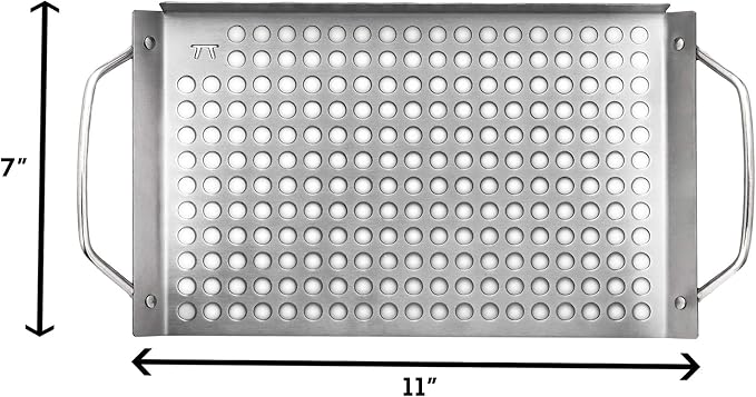 Outset 76631 Stainless Steel Grill Topper Grid, 11"x7" BBQ Pan With Handles | Stainless Steel Grill Topper | BBQ Veggie Grill Tray | Easy to Carry | Seafood Grill Tray With Holes | Infuses Flavor