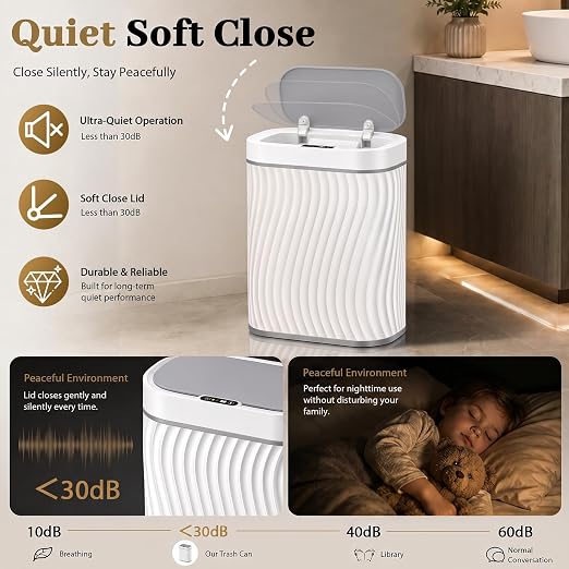 2.6 Gallon Automatic Bathroom Trash Can with Touchless Lid, White Grey | Motion Sensor Trash Can with Slim Waterproof Body; Small Plastic Garbage Can, hands-free lid for Bedroom, office, and kitchen