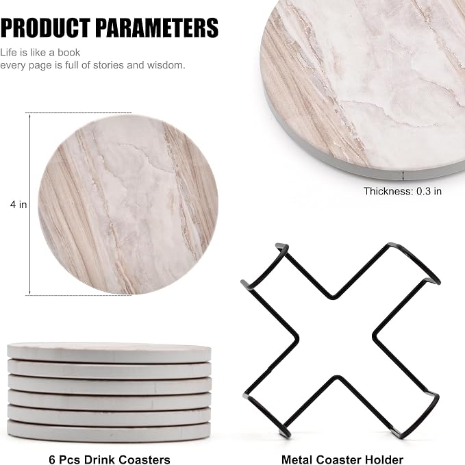 6Pcs Absorbent Coasters Set with Holder,Ceramic Drink Coaster,4 in（A3） | Marble Style Ceramic Drink Coaster,Suitable for Kinds of Cups,Modern Style Coaster for Coffee Table