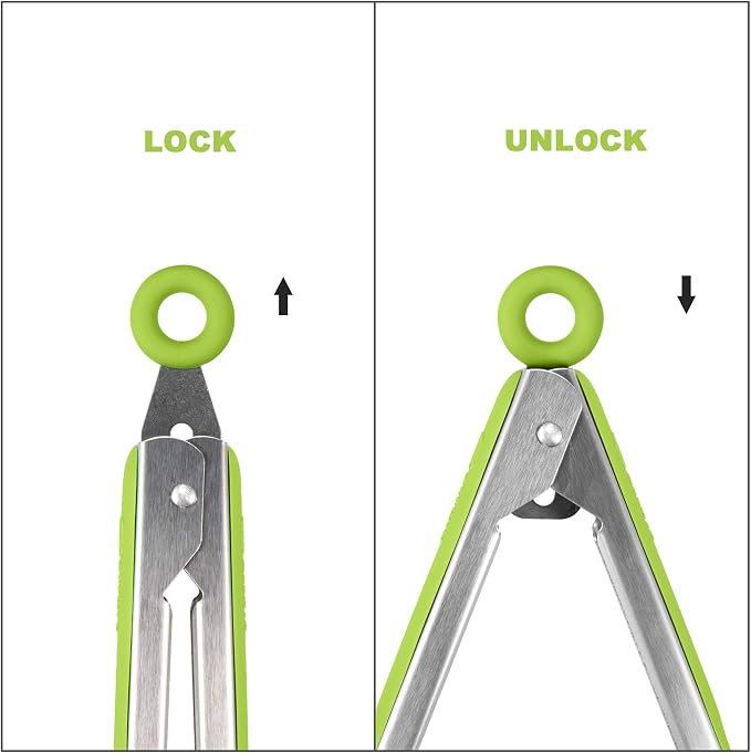 Premium 304 Stainless Steel Tongs Set – 12" Grill Tongs & 9" Cooking Tongs, Heat Resistant up to 600°F, Wavy Grip Head, Non‑Slip Handle with Locking Clip & Hanging Loop, Dishwasher Safe, Green