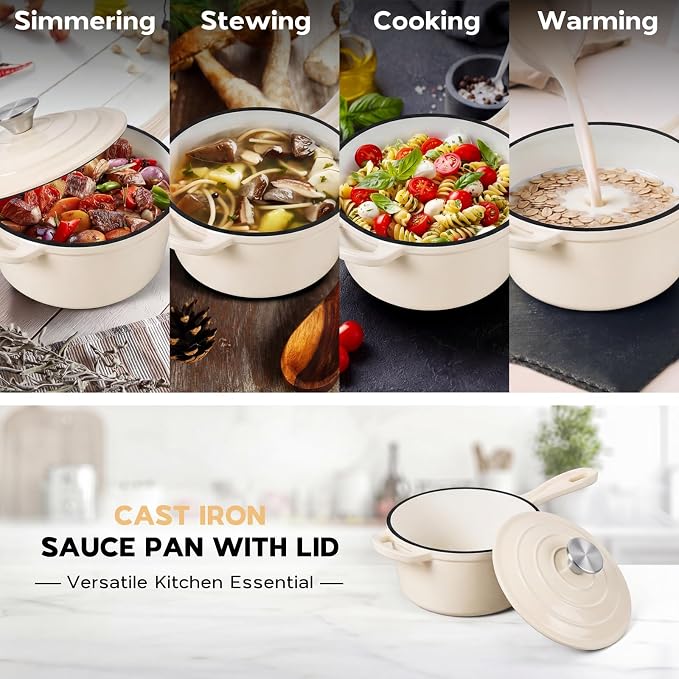 Onader Enameled Cast Iron Sauce Pan, 1QT Small Saucepan with Lid, Cast Iron Sauce Pot, Enamel Dutch Oven, Nonstick & Heavy Duty – Cream White