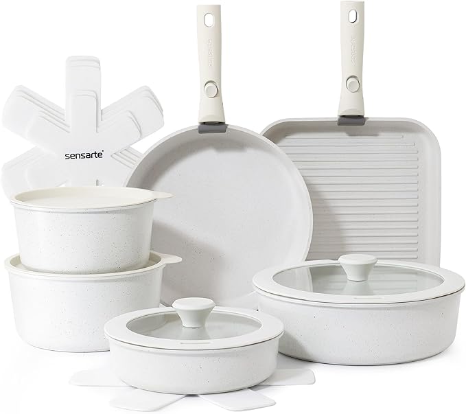 SENSARTE 17 Piece Nonstick Detachable Handle Pots and Pans Set White | Removable Handle Cookware Set, Induction Cookware Set with Removable Handle, Healthy Non Stick for RV, Dishwasher ＆ Oven Safe