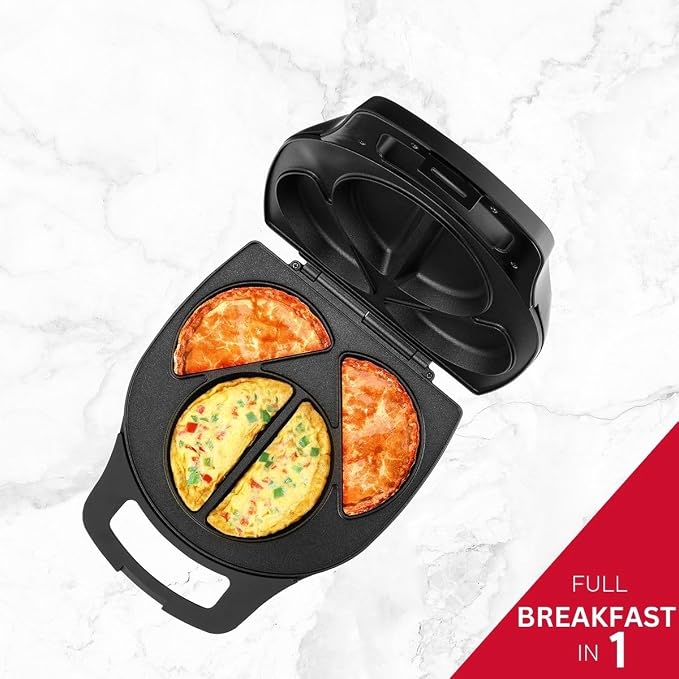 Holstein Housewares Stainless Steel 4 Section Omelet Maker, Non Stick Coating, Mess Free Cooking, Easy Cleaning, Indicator Lights, Upright Storage & Anti Slip Feet For Quick Meals. 4 Portions, Black