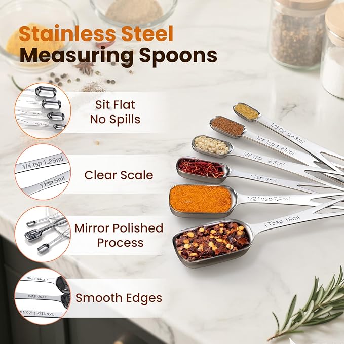6PCS Narrow Measuring Spoons Set, Stainless Steel Measuring Spoon Fits in Spice Jars, Metal Teaspoon Measuring Spoons, Rectangular Tablespoon, Long Measuring Spoons for Dry & Liquid Ingredients